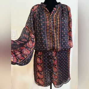 Zara Multicolor Paisley Floral Print Blouson Button  Mini Bohemian Dress Large